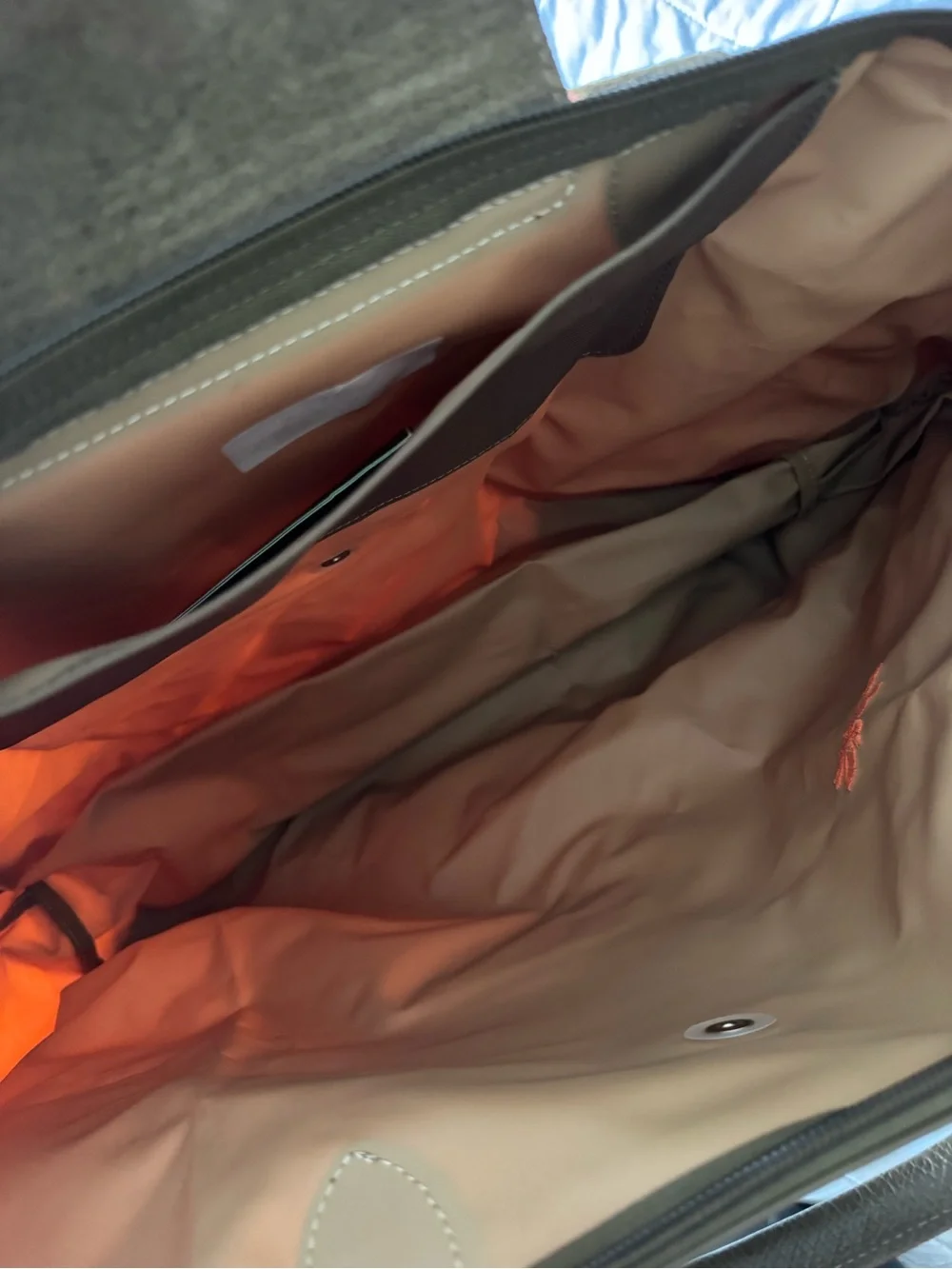Longchamp Olive Green Nylon Tote with Orange Accent - Picture 4 of 6